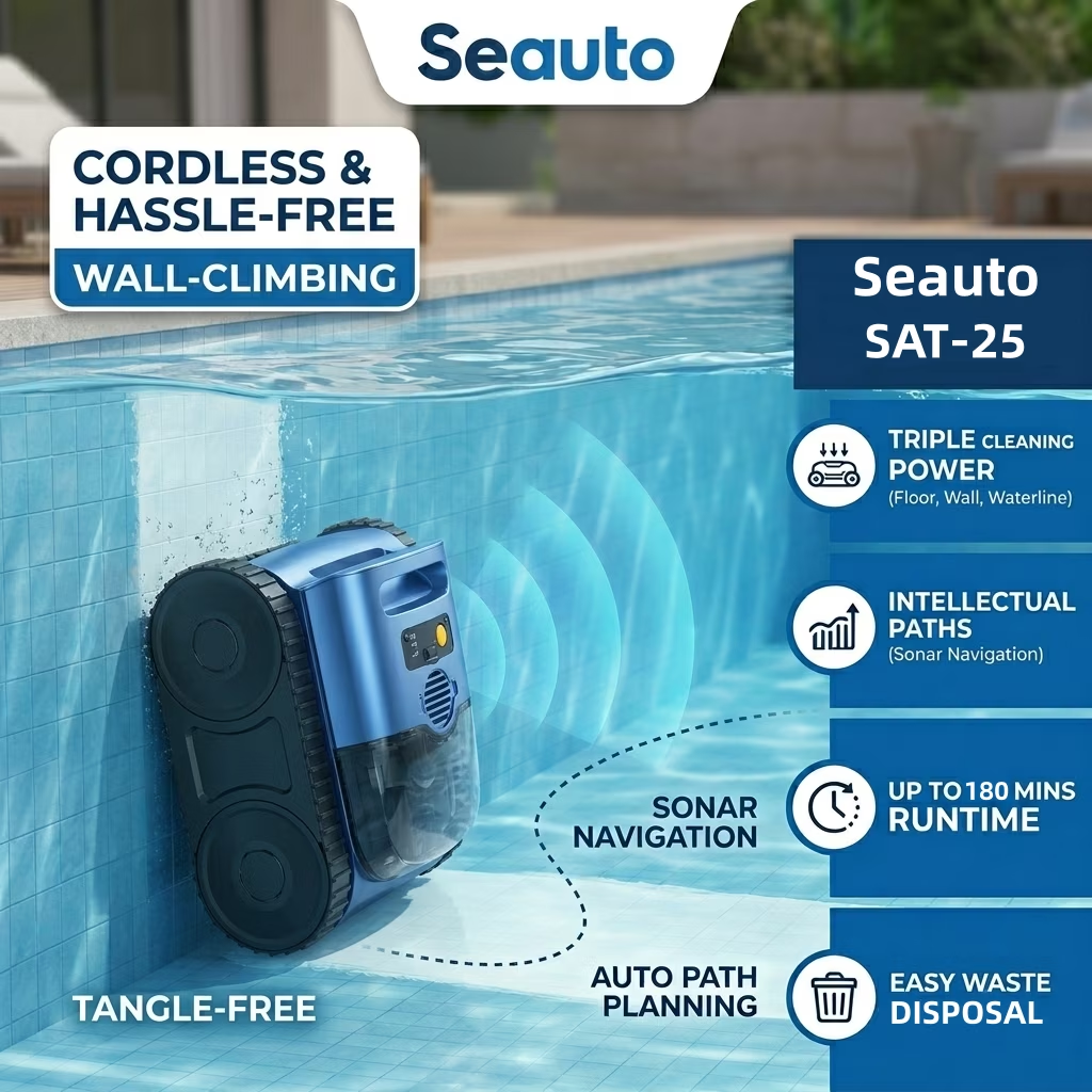 Seauto（2026 Upgrade）Cordless Robotic Pool Cleaner with Smart Sonar Navigation – Powerful Suction, Wall & Waterline Climbing, Automatic Cleaning for In-Ground & Above-Ground Pools