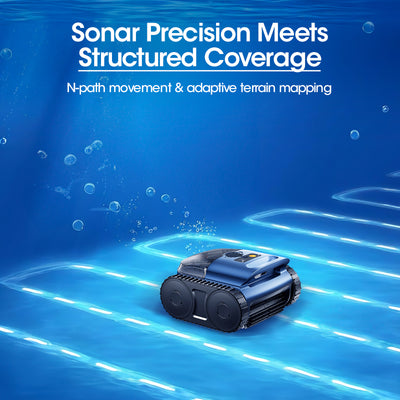 Cordless Robotic Pool Vacuum, Pool Cleaner with Track Drive & Sonar Navigation, 180W Brushless Motor, Wall & Waterline Climbing, 150-Min Runtime, for Inground & Above-Ground Pools up to 2150 Sq. Ft.