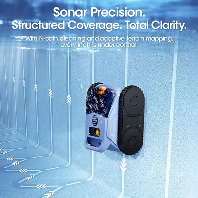 Cordless Robotic Pool Cleaner, Seauto Pool Robot with Sonar Navigation & Track Drive, 180W Brushless Motor, Wall & Waterline Climbing for Inground & Above-Ground Pools