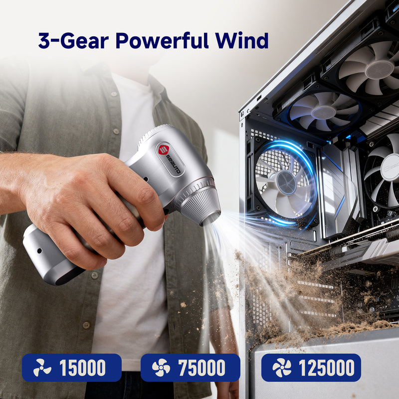 Seauto Cordless Air Duster, 130000RPM Electric Compressed Air Duster, Mini Blower with 3-Speed, 4000mAh Battery, USB-C Fast Charging for Car, Computer, Home & Snow Cleaning，Silver