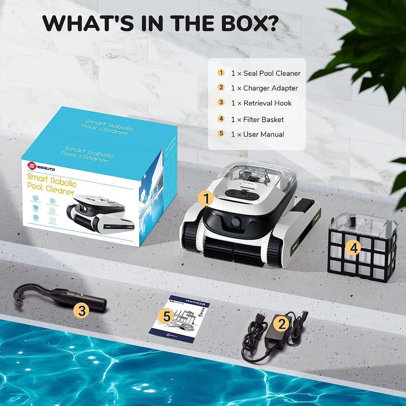 Seauto Cordless Robotic Pool Cleaner, Seauto Pool Robot with Sonar Navigation & Track Drive, 180W Brushless Motor, Wall & Waterline Climbing for Inground & Above-Ground Pools, White