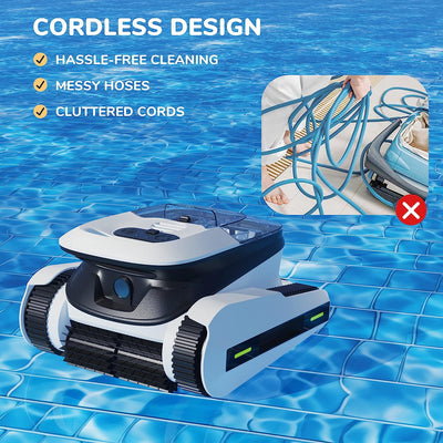 Seauto Cordless Robotic Pool Cleaner, Seauto Pool Robot with Sonar Navigation & Track Drive, 180W Brushless Motor, Wall & Waterline Climbing for Inground & Above-Ground Pools, White