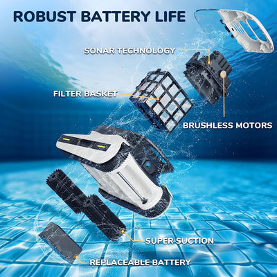 Seauto Cordless Robotic Pool Cleaner, Seauto Pool Robot with Sonar Navigation & Track Drive, 180W Brushless Motor, Wall & Waterline Climbing for Inground & Above-Ground Pools, White