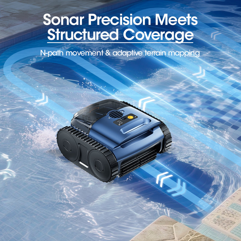 Cordless Robotic Pool Vacuum, Pool Cleaner with Track Drive & Sonar Navigation, 180W Brushless Motor, Wall & Waterline Climbing, 150-Min Runtime, for Inground & Above-Ground Pools up to 2150 Sq. Ft.