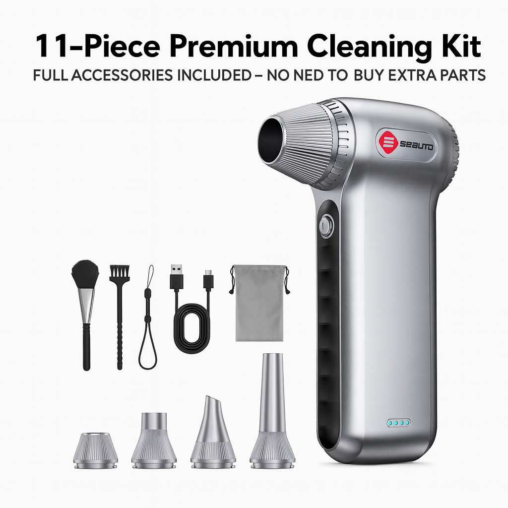 Seauto Cordless Air Duster, 130000RPM Electric Compressed Air Duster, Mini Blower with 3-Speed, 4000mAh Battery, USB-C Fast Charging for Car, Computer, Home & Snow Cleaning，Silver